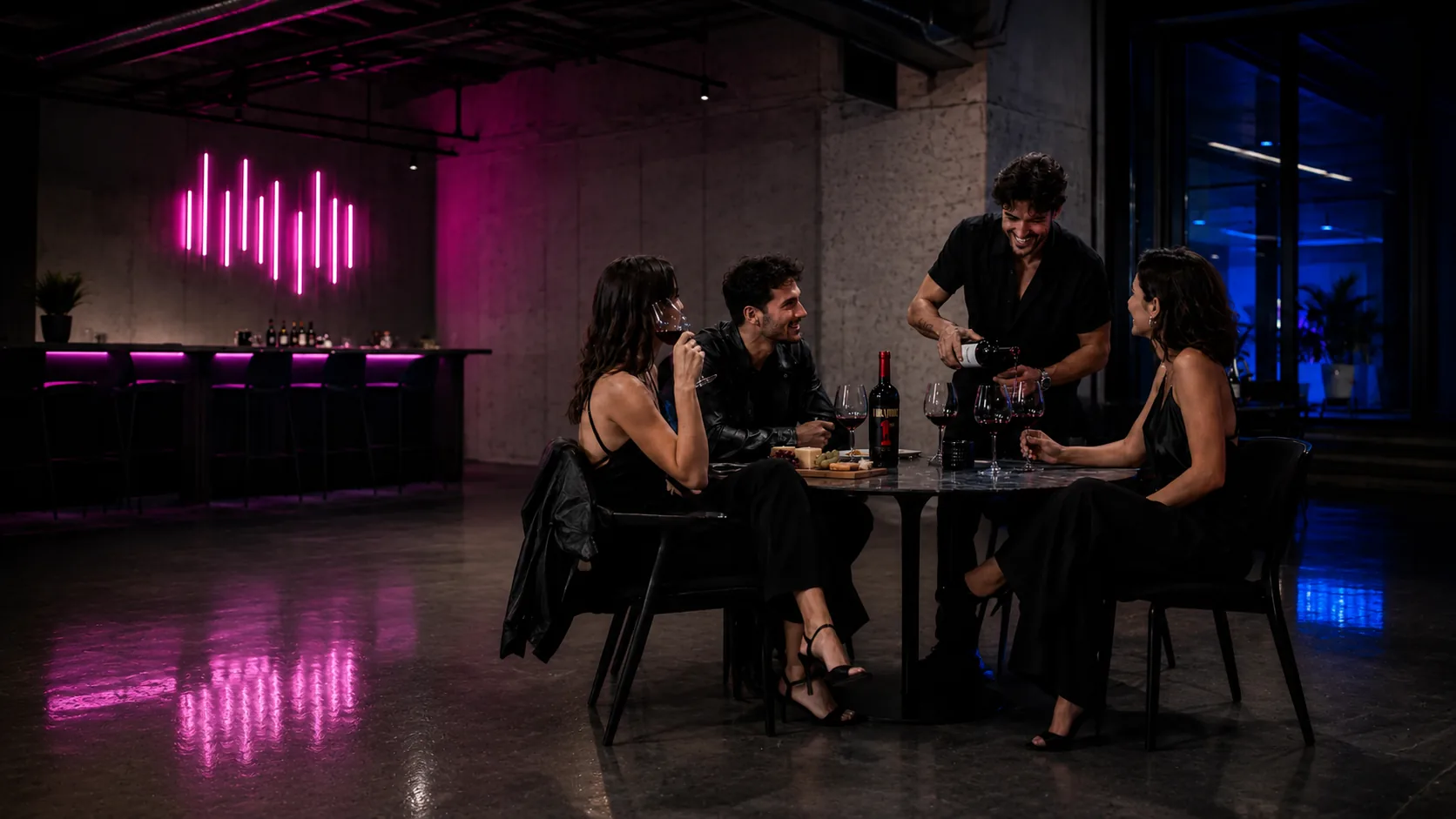 Amigos compartiendo vino en un bar clandestino